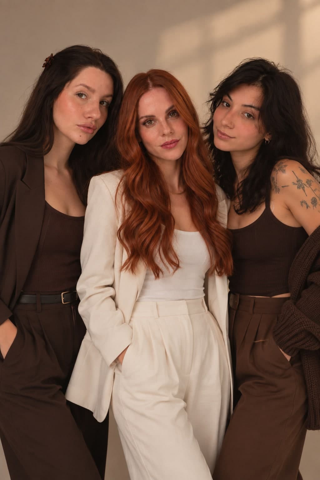 Gabi, Lari e Lu, as três sócias da Luar, em retrato de estúdio, de roupas marrons e off-white